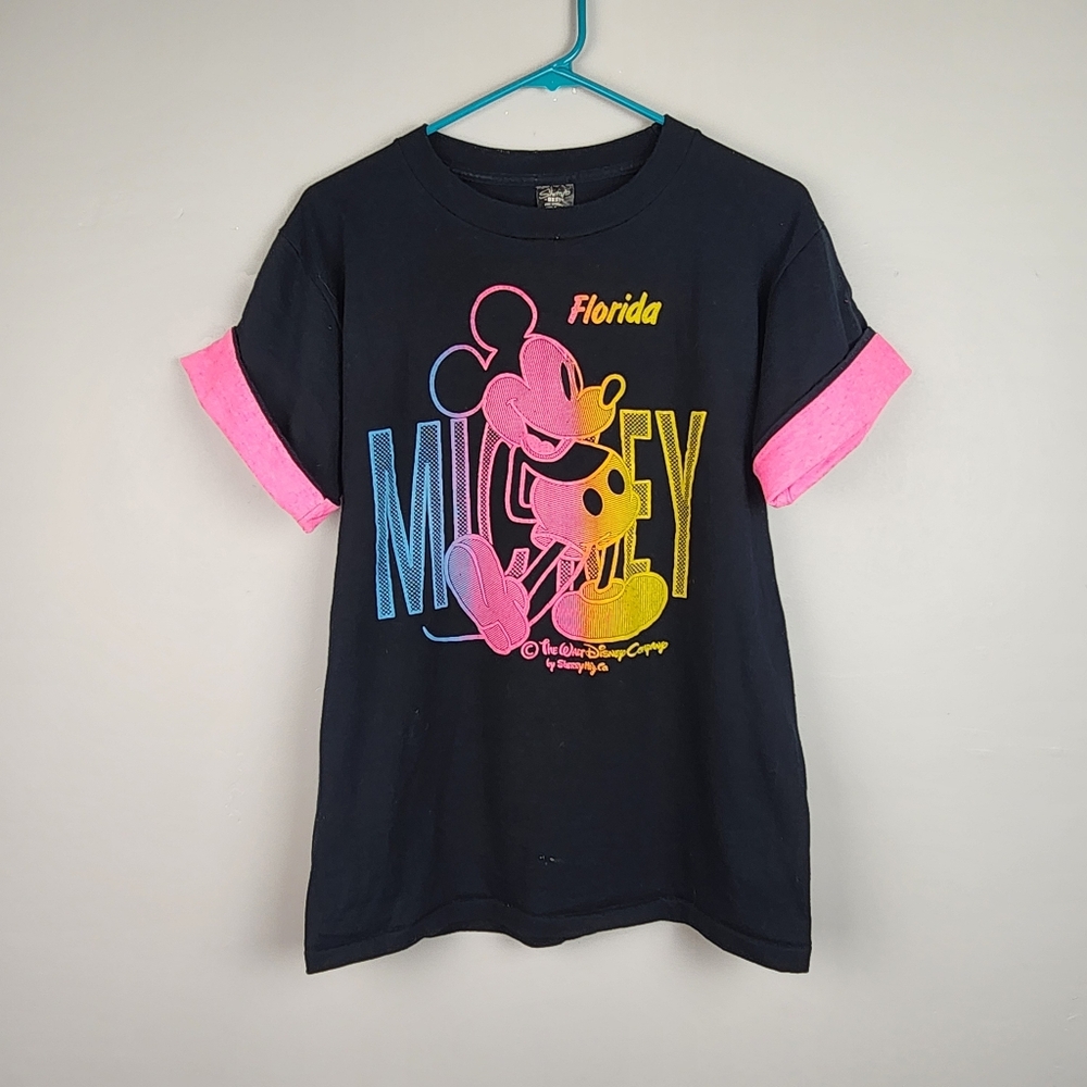 Vintage 80s Mickey Florida Neon Black T-shirt Medium